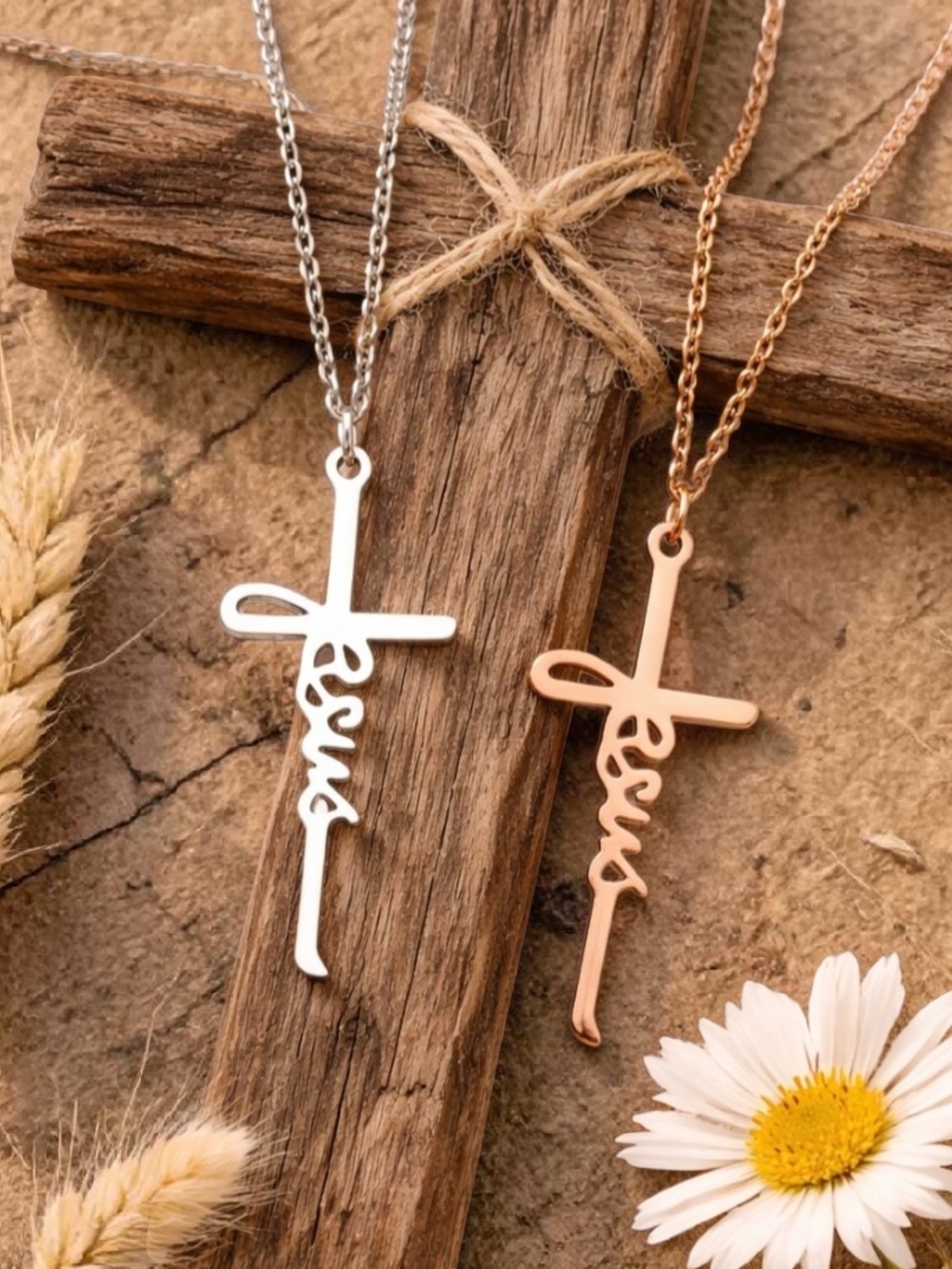 Jesus Script Cross Necklace - Silver & Rose Gold